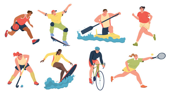 Summer sports. Various outdoor activities. Young people play tennis, basketball, field hockey, kayak, skate, ride a bike, surf a wave. Vector colorful illustration on an isolated white background.