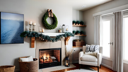 A cozy fireplace with stockings hung above. generative ai