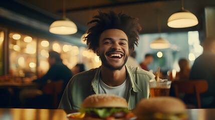 Happy man eating hamburger, man eating hamburger