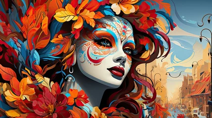 Selbstklebende Fototapeten Bright illustration, beautiful woman with carnival makeup with copy space. Colorful poster for Mardi Gras masquerade, party on festive background © Eugenia