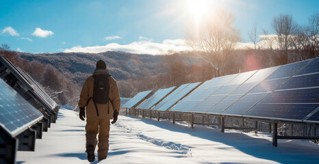 Solar panel maintenance technician walking among snow-covered panels. illustration of solar panel snow clearing. green energy in winter weather. Generative AI - obrazy, fototapety, plakaty