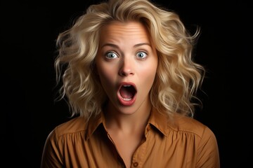 a beautiful blonde woman expressing surprise and shock emotion with her mouth open and big wide open eyes. isolated on single color background