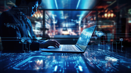 Person is using a laptop with a futuristic blue cyber network graphic overlay