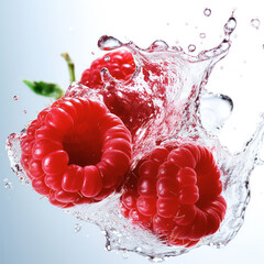 Fresh raspberries in juice, water  splash isolated white background. Ripe red raspberries dropping...