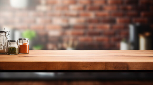 Wooden table or cutting board in the kitchen, with a bokeh blurred background. Copyspace banner