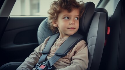 Kleines Kind sitzt im Kindersitz im Auto und schaut zur Seite - obrazy, fototapety, plakaty