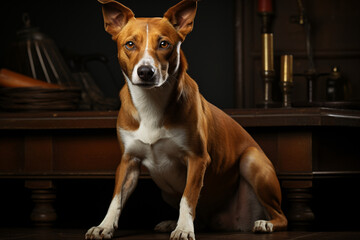 Basenji on a dark studio background. an adult dog, a pet, an animal. portrait close-up.