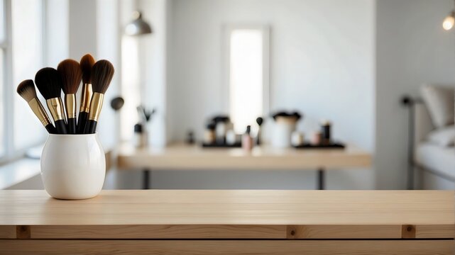 empty wooden table top with blur background of makeup room