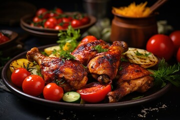 grilled chicken with tomatoes and vegetables, roasted chicken with vegetables