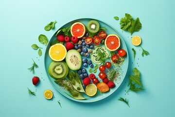 healthy plate of various tasty fruits and vegetables - obrazy, fototapety, plakaty