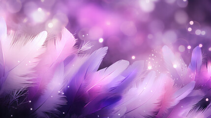 Fototapeta na wymiar Purple feather background with bokeh lights, graphic banner