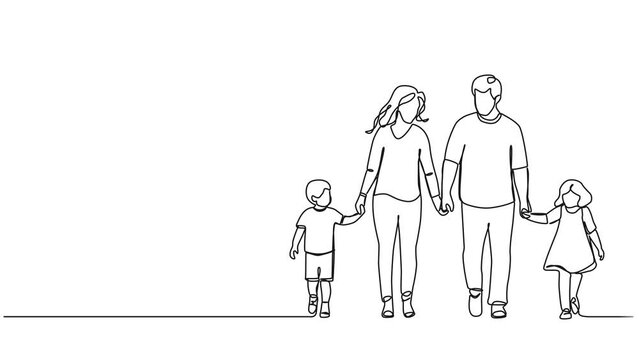 animated continuous single line drawing of mother and father with two children walking hand in hand, family line art animation