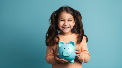 Fototapeta na wymiar Young girl smiling and holding a blue piggy bank, representing the concept of teaching children about savings and financial responsibility.
