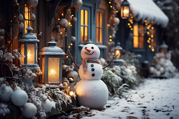 Obraz premium snowman on a festively decorated street at dusk. Christmas, New