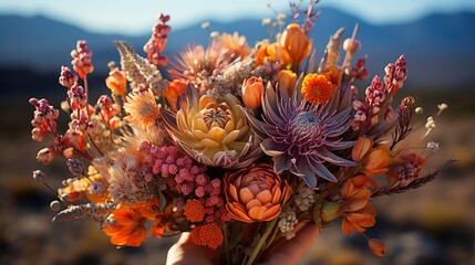Fototapeta premium Bouquet Wild Flowers Male Hands Mountain, Background Image, Desktop Wallpaper Backgrounds, HD