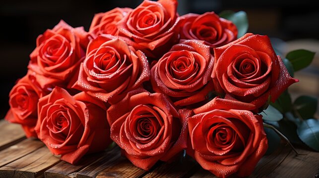 Bouquet Red Roses On Wooden Table, Background Image, Desktop Wallpaper Backgrounds, HD