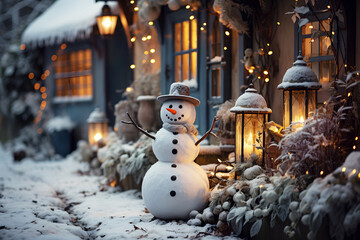 Obraz premium snowman on a festively decorated street at dusk. Christmas, New
