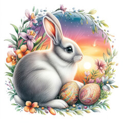 Beautiful artwork depicting a rabbit and eggs. ai generative