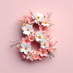 Blooming flowers on solid pink pastel background in shape Number 8. ai generative