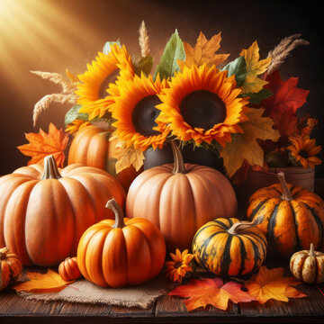 Autumn photo of composition of pumpkins, fall leaves and sunflowers. Thanksgiving season banner. ai generative