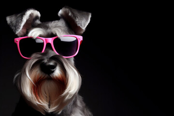 Cool pink sunglasses on the face of a schnauzer on black background. ai generative - obrazy, fototapety, plakaty
