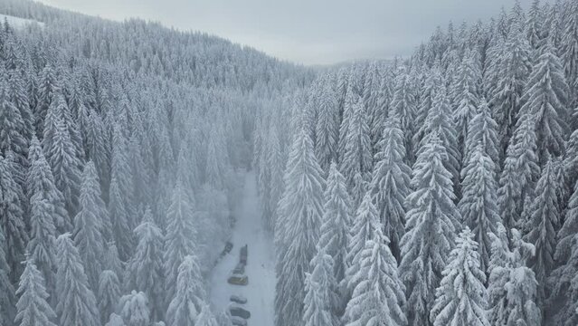 Verschneite Landschaft und Schneekanonen im Winter mit Drohne