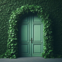 Green door with leaves wall. Naturalistic concept. ai generative