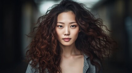 AI illustration of a young Asian woman with long, curly hair cascading down her shoulders. - obrazy, fototapety, plakaty