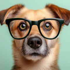 photo of a real animal surprised dog wear glasses on solid green pastel background. ai generative