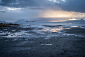 Pretty Snowy Cloudy Sunset Water Lake