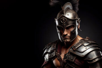 Portrait of angry Gladiator in armor on solid black background. ai generative