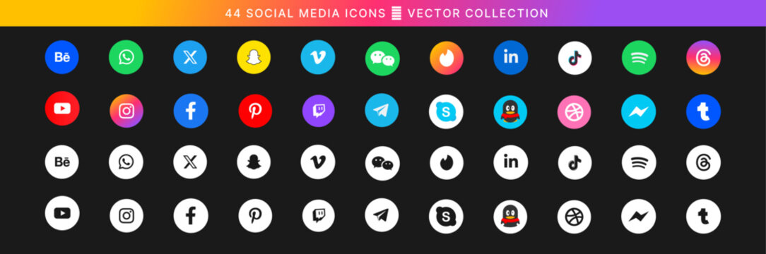 44 Popular Social Media Icons - Vector Collection. Colorful and Black/White Social Media Icons. Instagram, twitter, X, facebook, tiktok, threads app, instagram, discord, twitch. Editorial use only.