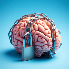 realistic photo Human brain in chains on a padlock on a blue background. ai generative