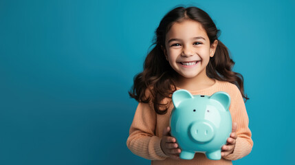 Young girl smiling and holding a blue piggy bank, representing the concept of teaching children about savings and financial responsibility.