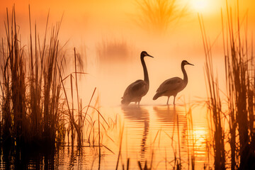 Ethereal sunrise at a foggy marshland, capturing silhouettes of reeds and waterfowl against the serene backdrop. 
