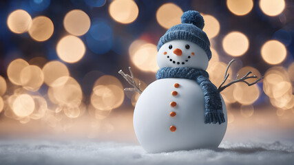 Obraz premium Snowman background with bokeh, blurry background and space for text and logo