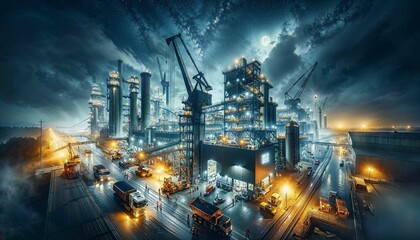 Industrial Night Scene with Atmospheric Lighting and Active Worksite

