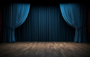 Elegant Blue Theater Curtains with Wooden Stage
