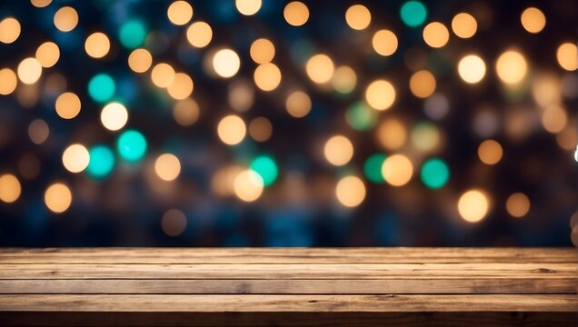 Empty wooden table top with defocused bokeh Christmas Fair lights background