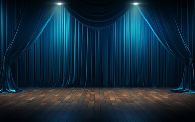 Elegant Blue Theater Curtains with Wooden Stage