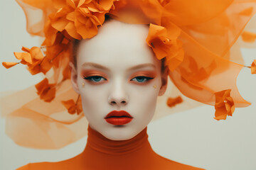 Close-Up Portrait of a Stylish Woman in a Orange Facinator and Make-up. Fall Autumn Fashion Studio Concept Photo. 
