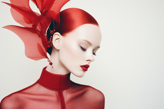 Beautiful Woman in a Red Facinator and Make-up, High-Contrast Fashionable Studio Concept Photo.