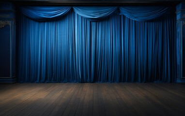 Elegant Blue Theater Curtains with Wooden Stage