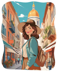 A Stylish Female Traveler's Journey retro style illustration