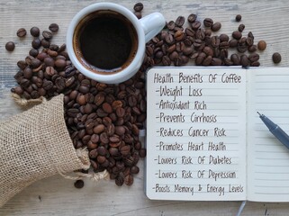 The list of black coffee health benefits. Overturned rustic bag with spilled coffee beans, pen and...