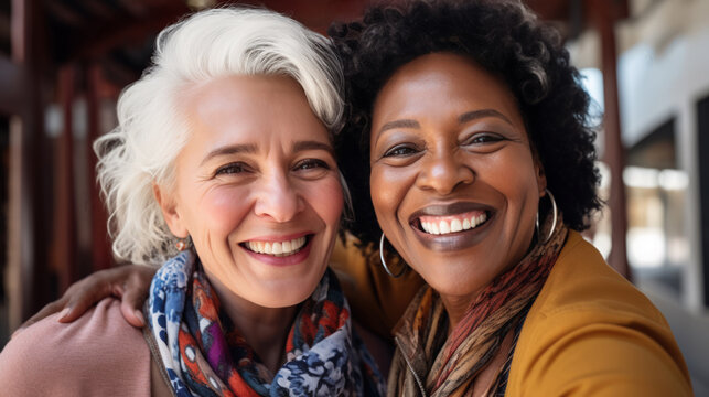 Two women smiling and hugging each other Sharing a Joyful Moment of Connection and Taking Selfie.
