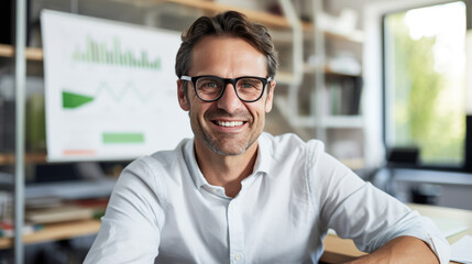 Smiling man wearing glasses, sitting in an office with charts and graphs in the background.