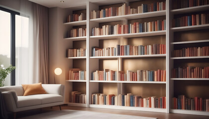 Bookshelf with books in modern living room. 3d rendering. Generative AI
