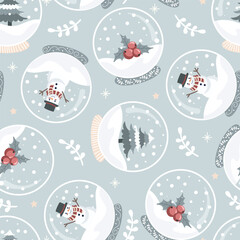 Cartoon Snow Globe Seamless Pattern. Cute holidays Christmas Winter Backgrounds. Vector hand drawn illustration