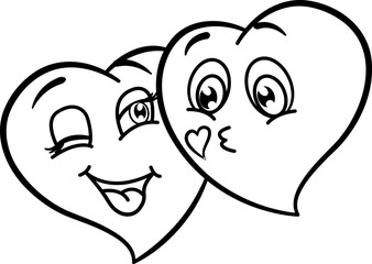 Two Cartoon Hearts in Love for Coloring Page. Kiss of the Heart. Happy couple. Vector Illustration of Funny Characters for Valentines Day